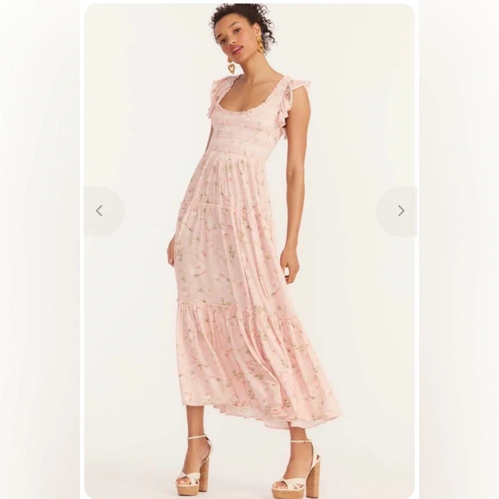 LoveShackFancy Chessie Maxi Dress Ballet Pink Floral Smocked M Cottagecore - Picture 1 of 10